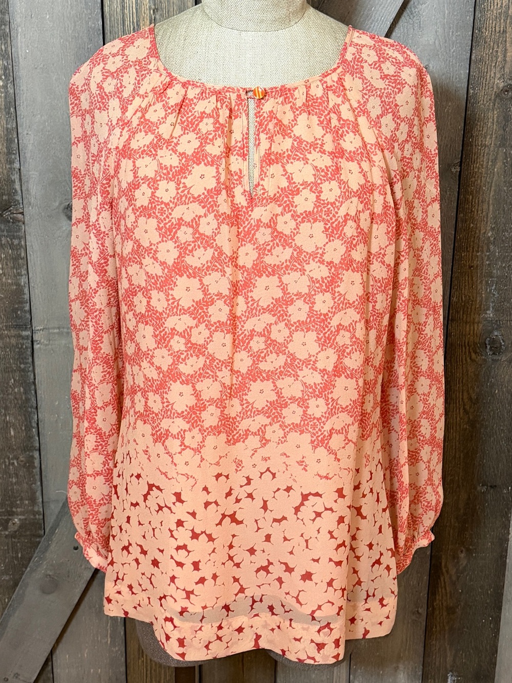 Tory Burch Silk Blouse Coral Floral Long Sleeve Boho Resort Vacation Blouse 4